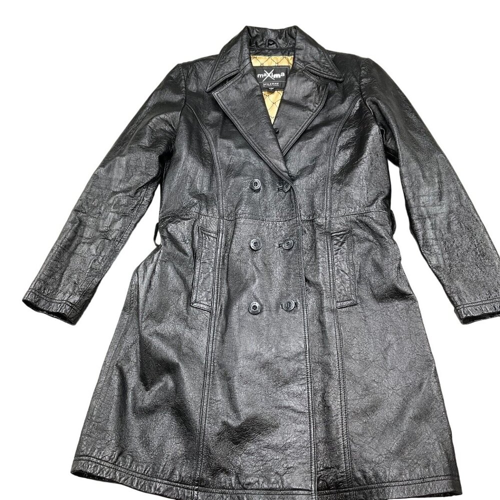 Maxima Wilsons Coat Women‎ Lg Black Leather Double Breast Shiny Crinkle Long VTG